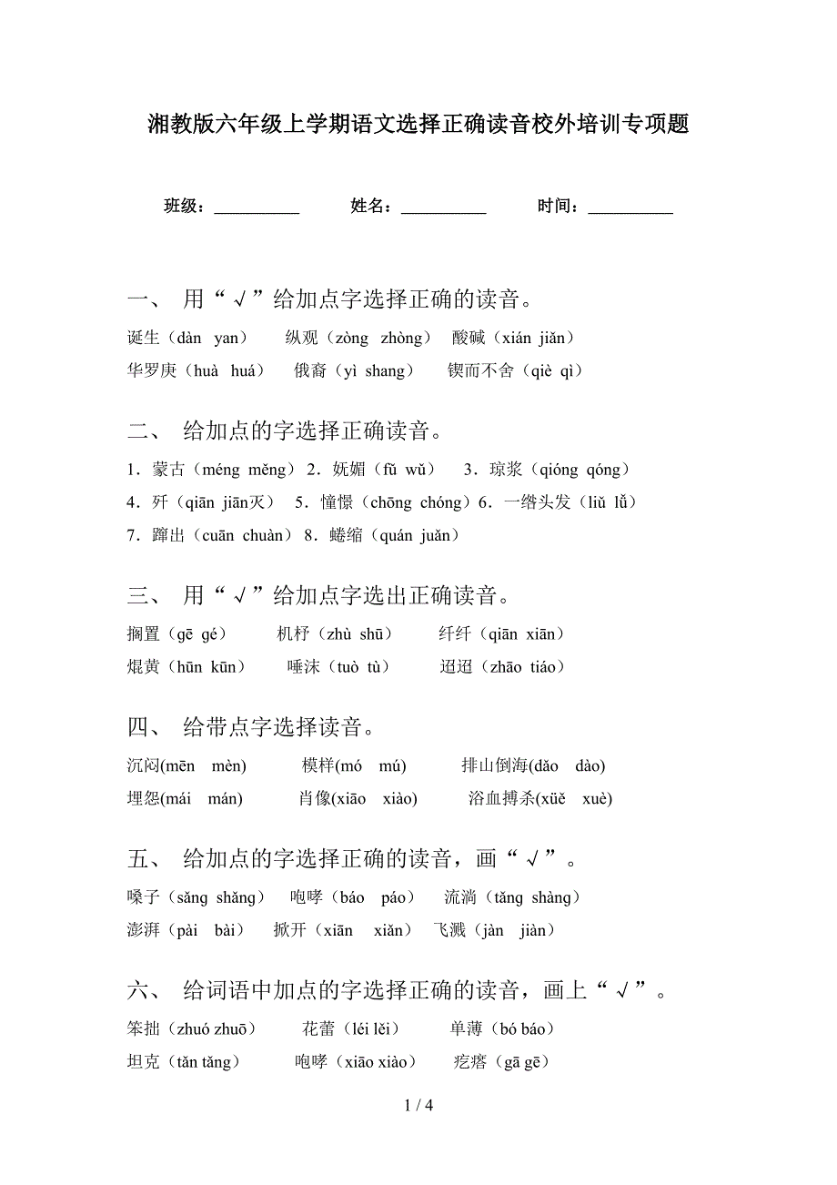 湘教版六年级上学期语文选择正确读音校外培训专项题_第1页