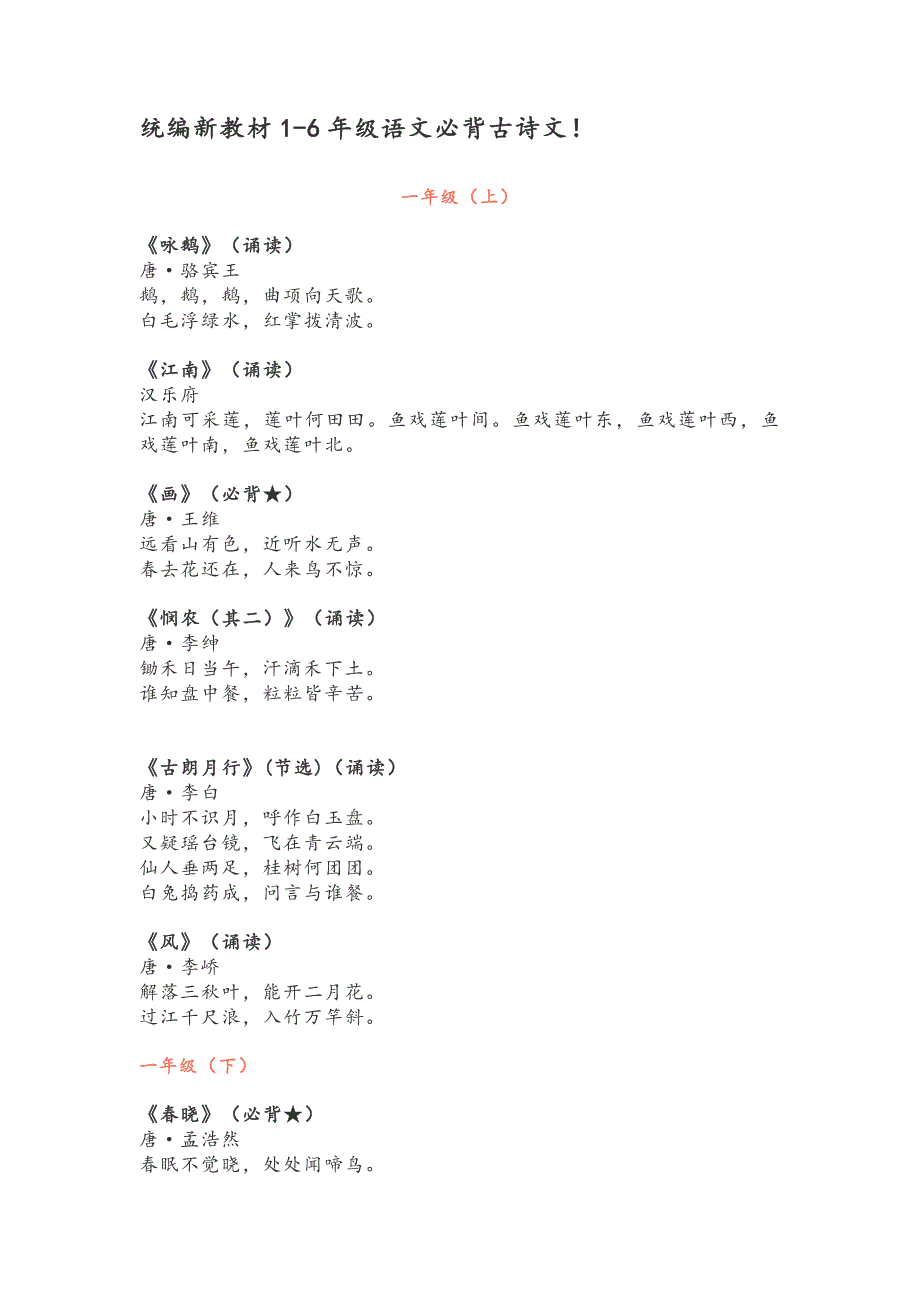 统编新教材1-6年级语文必背古诗文_第1页