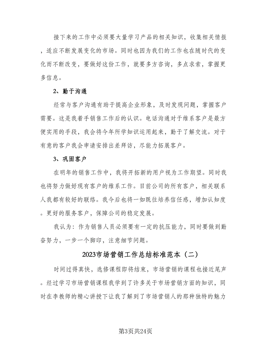 2023市场营销工作总结标准范本（6篇）_第3页