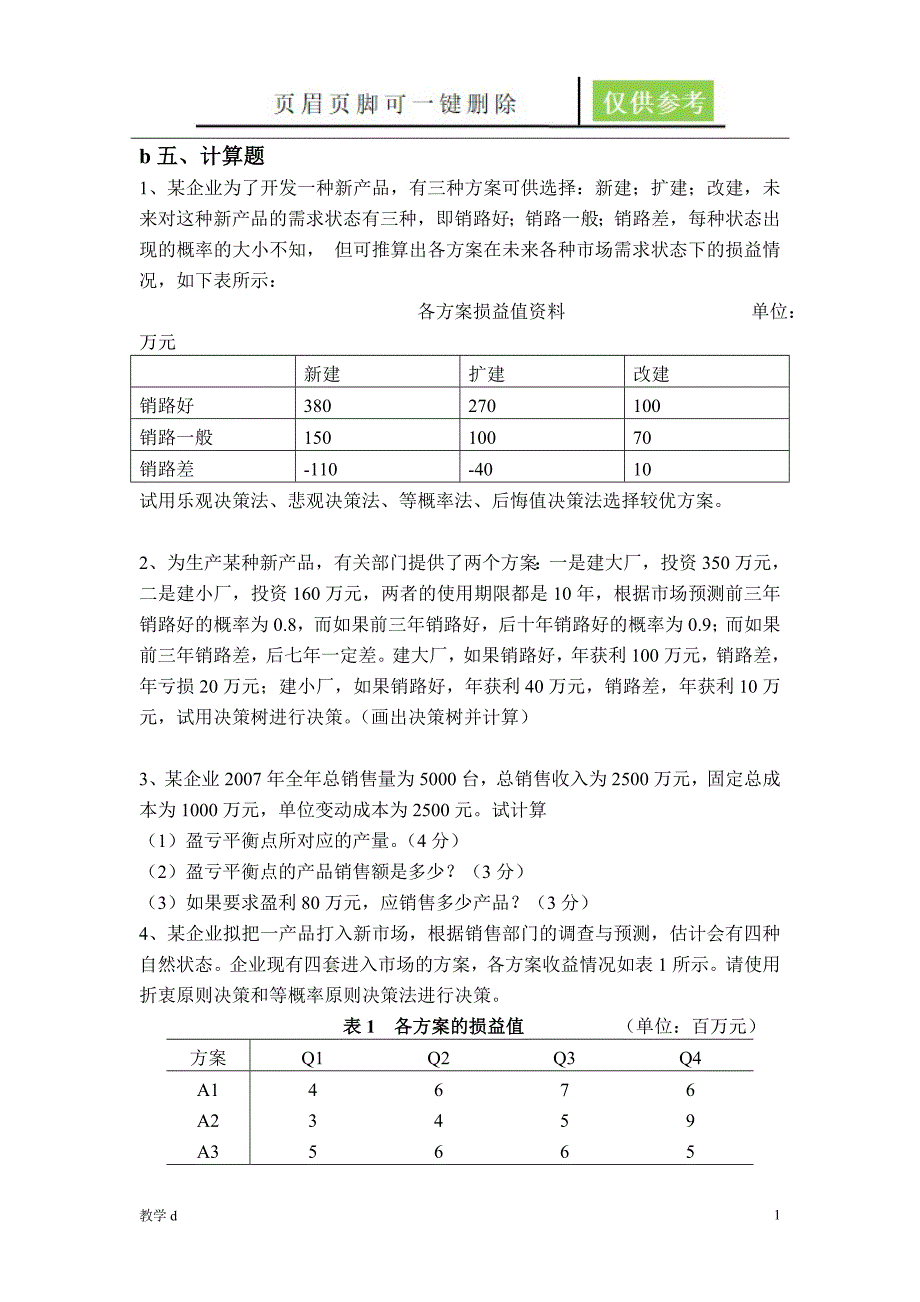 作业及答案乐观悲观决策法后悔值作业试题_第1页