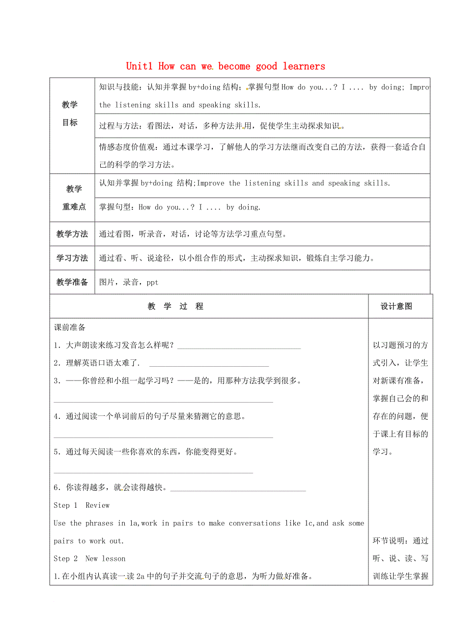 九年级英语全册 Unit 1 How can we become good learners第2课时教案 新版人教新目标版_第1页