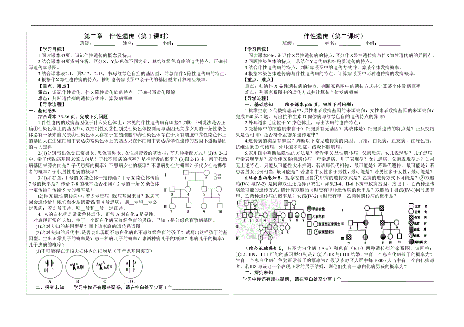 2.3伴性遗传学案 高一生物人教版必修二.doc_第1页