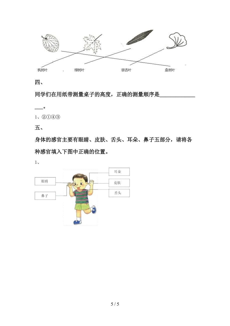 2022年苏教版一年级科学上册期中模拟考试及答案2.doc_第5页