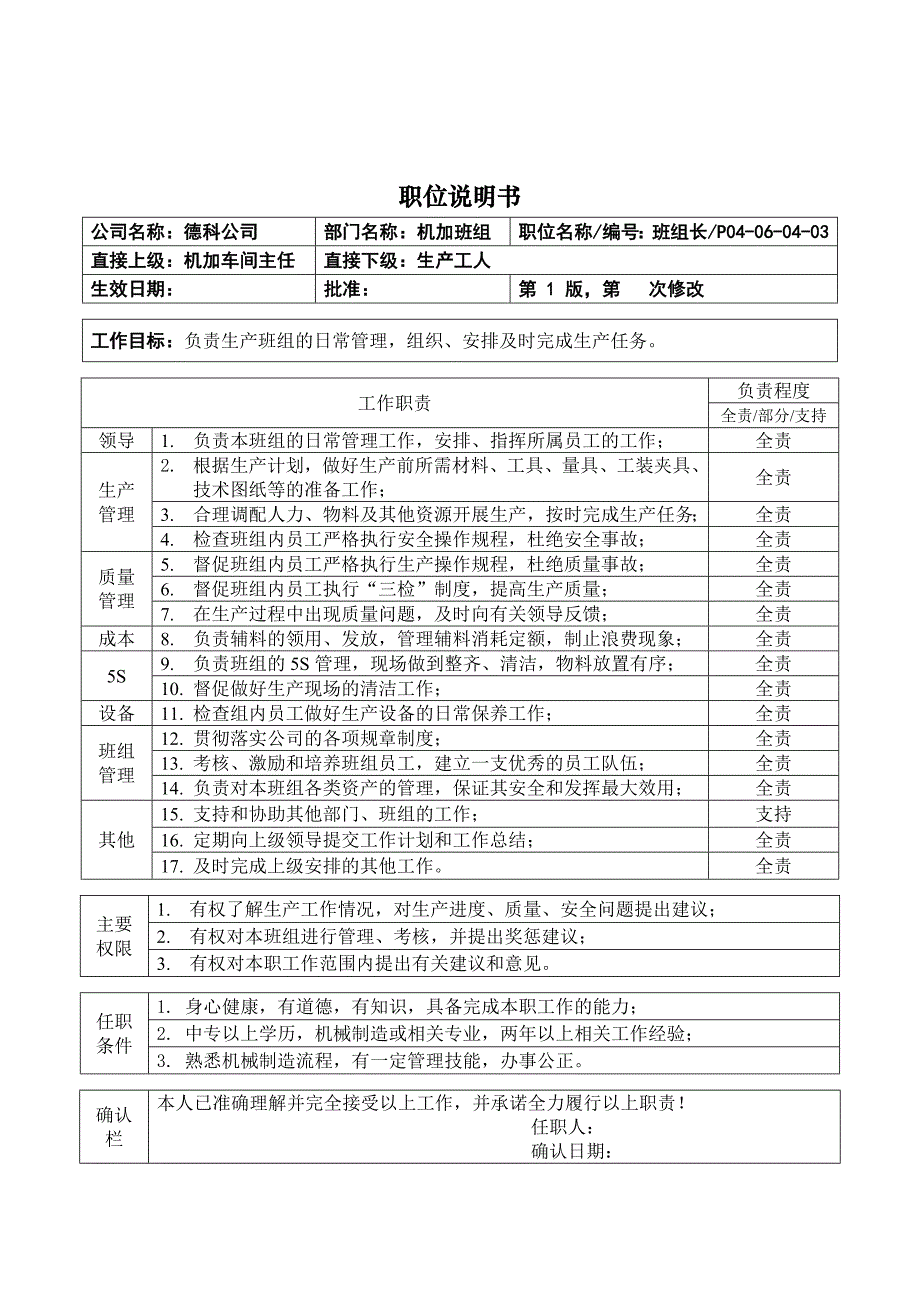 职位说明书-机加车间班组长_第1页