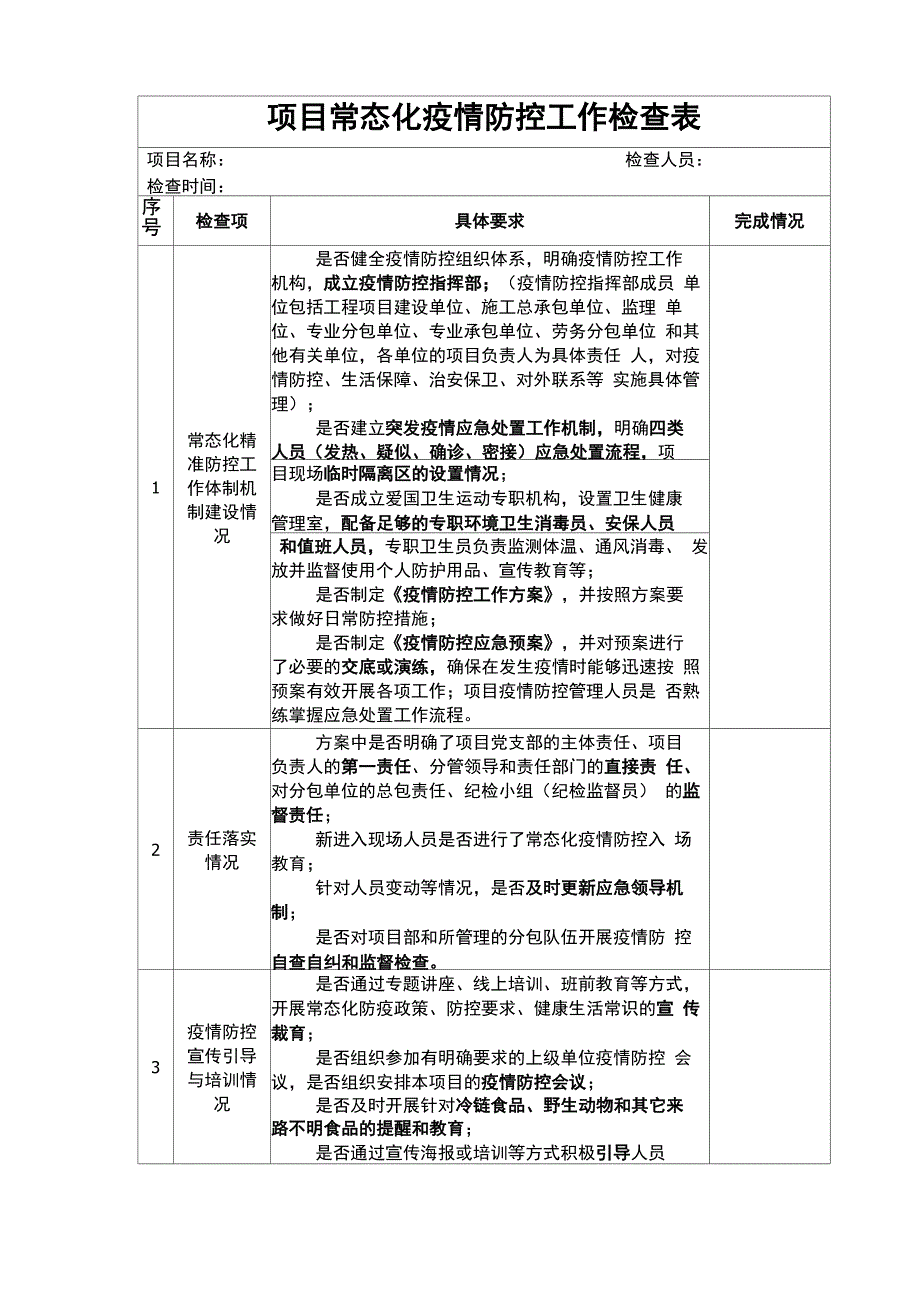 项目常态化疫情防控工作检查表_第1页