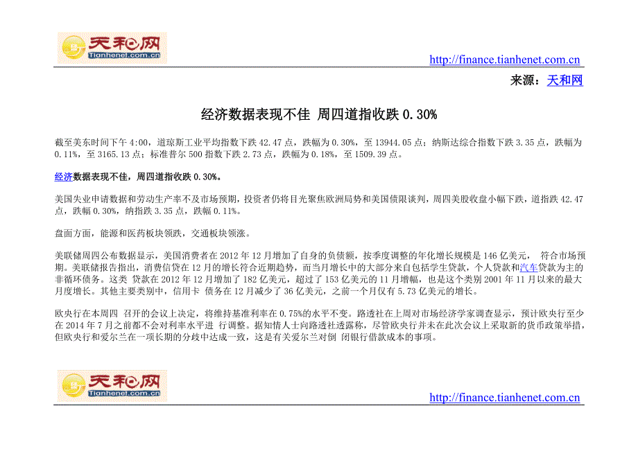 经济数据表现不佳周四道指收跌0.30%.doc_第1页