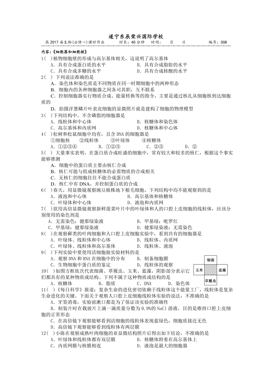 课时作业8细胞器和细胞核_第1页