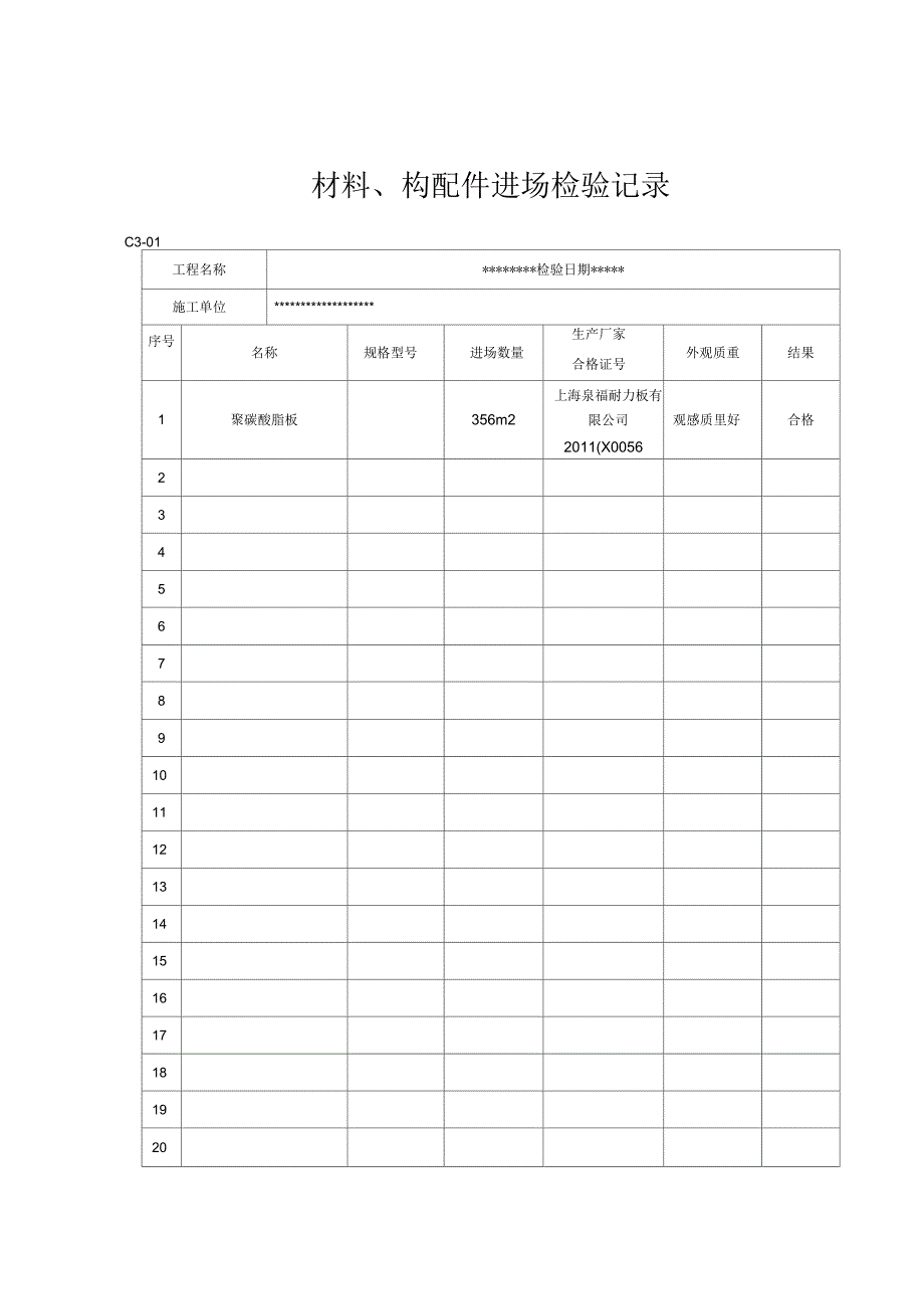 材料进场材料构配件进场检验记录_第1页