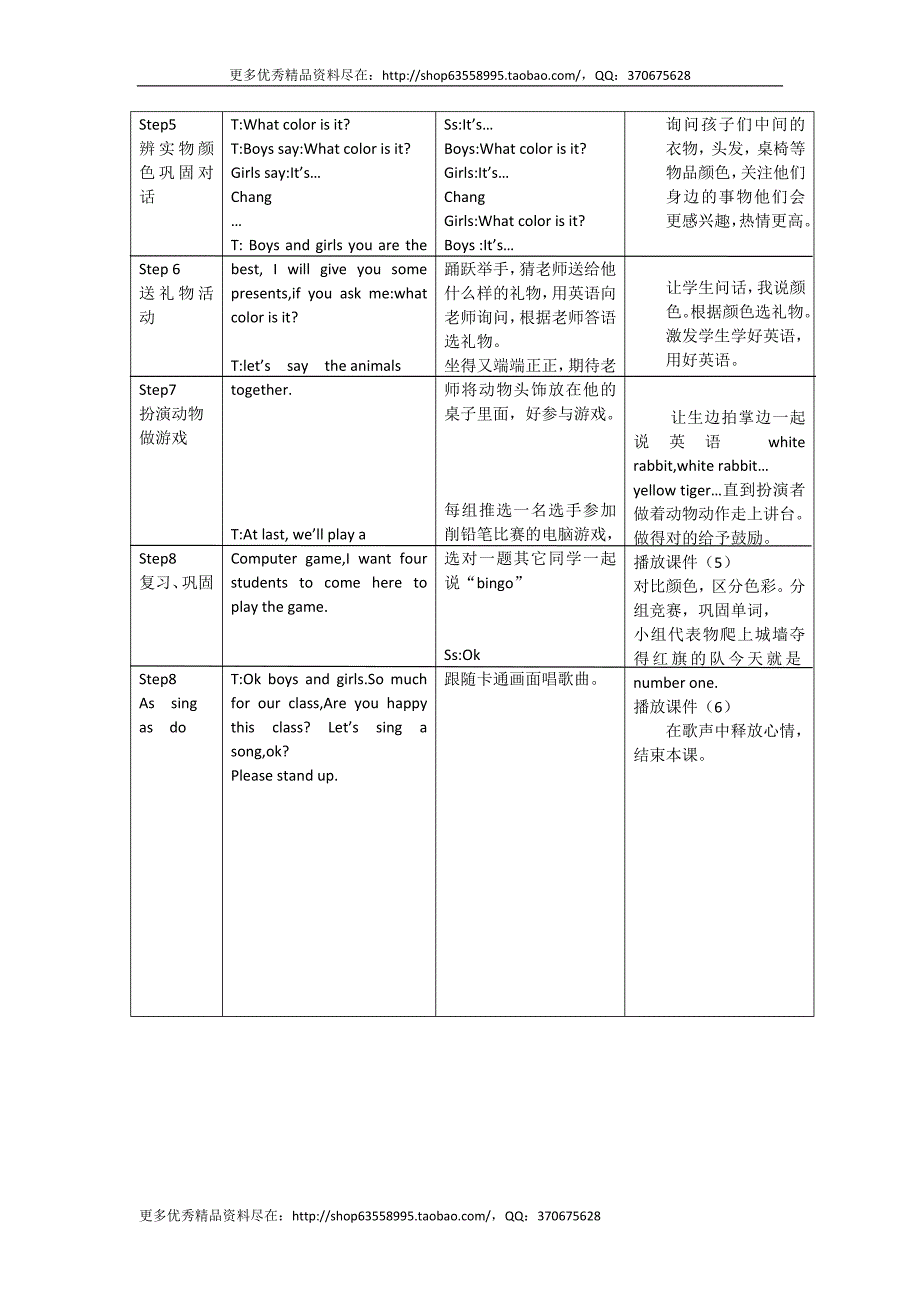 北师大版小学英语二级下册Unit 10 What color is it表格式教学设计附反思说课.doc_第4页