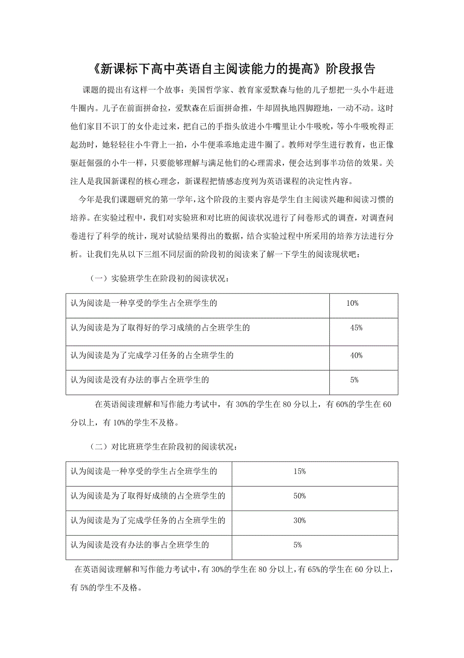 《新课标下高中英语自主阅读能力的提高》阶段报告_第1页