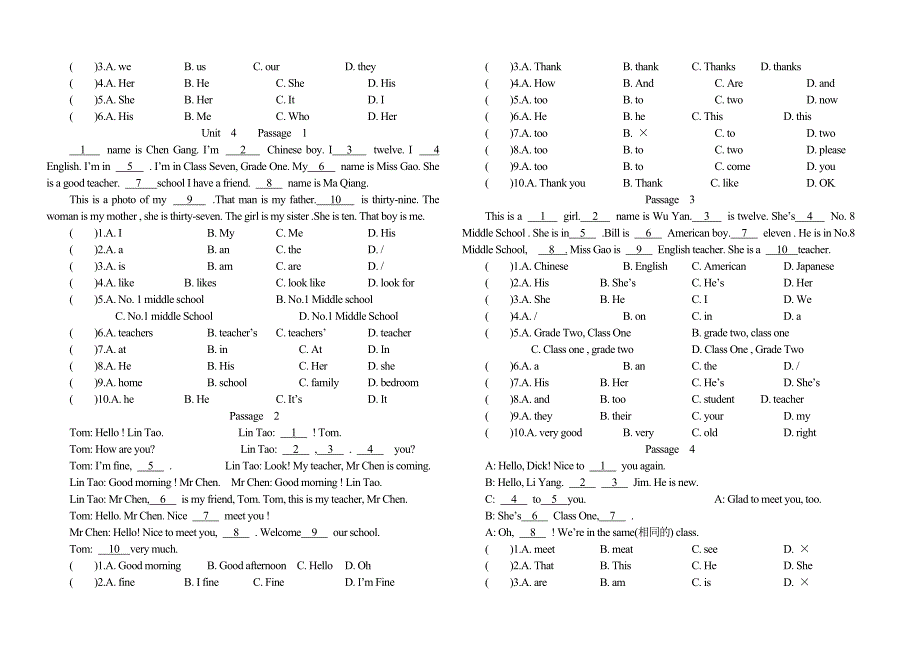 七年级英语完形填空100篇.doc_第4页