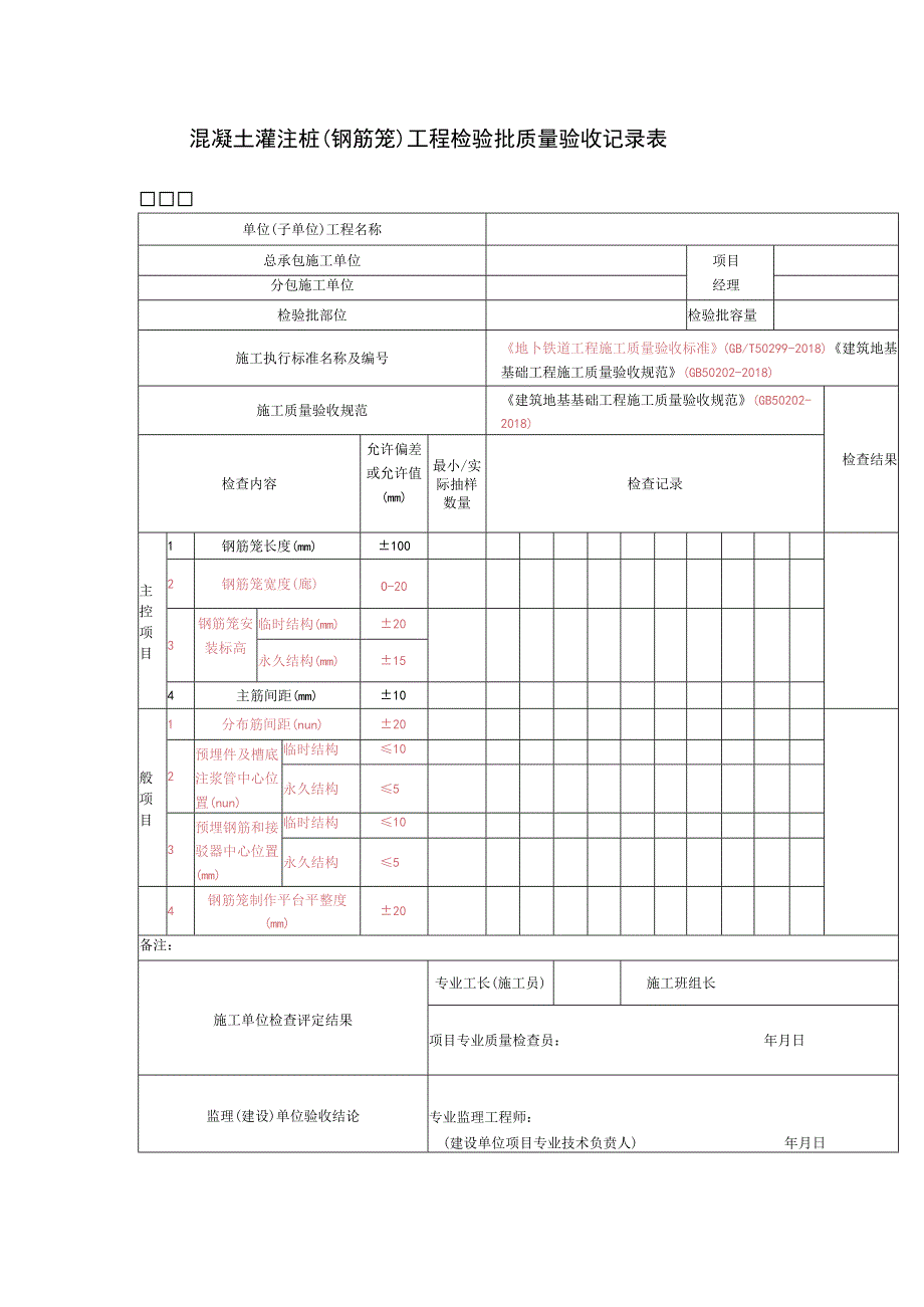 混凝土灌注桩（钢筋笼）工程检验批质量验收记录表_第1页