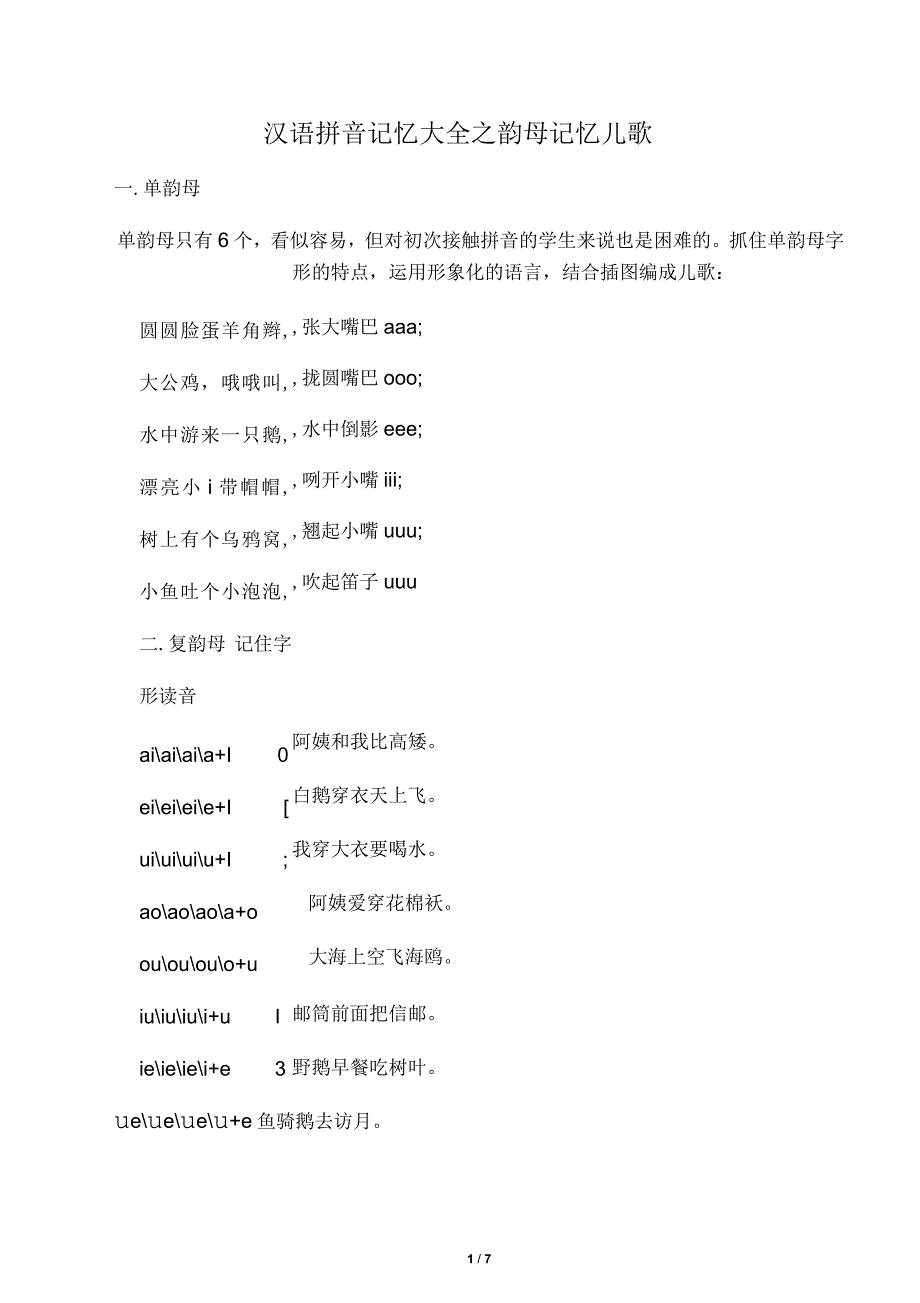 汉语拼音记忆大全之韵母记忆儿歌_第1页