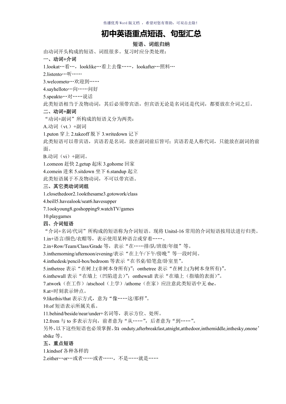 初中英语重点短语和句型Word版_第1页