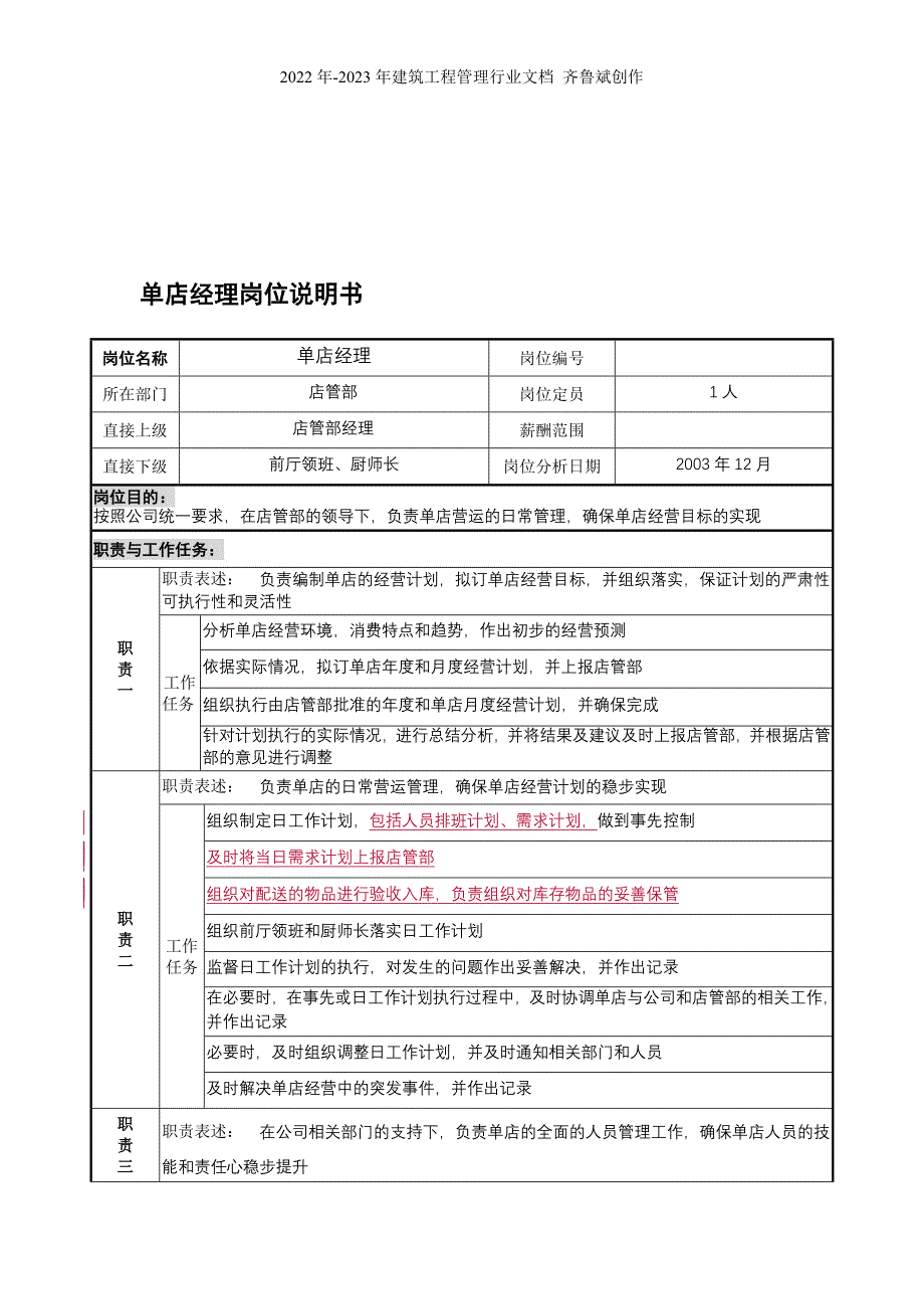 某餐饮企业单店经理岗位说明书(doc)_第1页