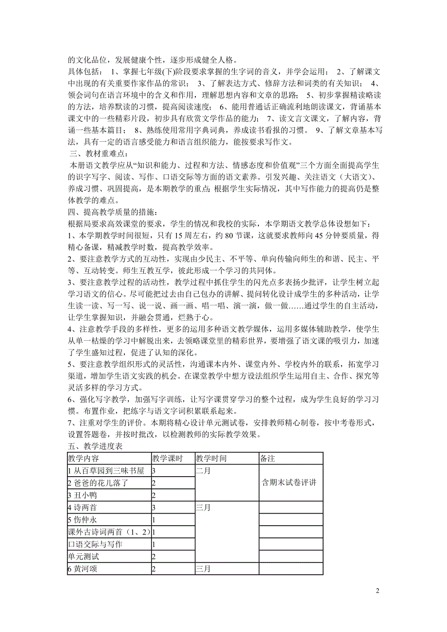 2014年春学期人教版七年级下语文教学计划_第2页