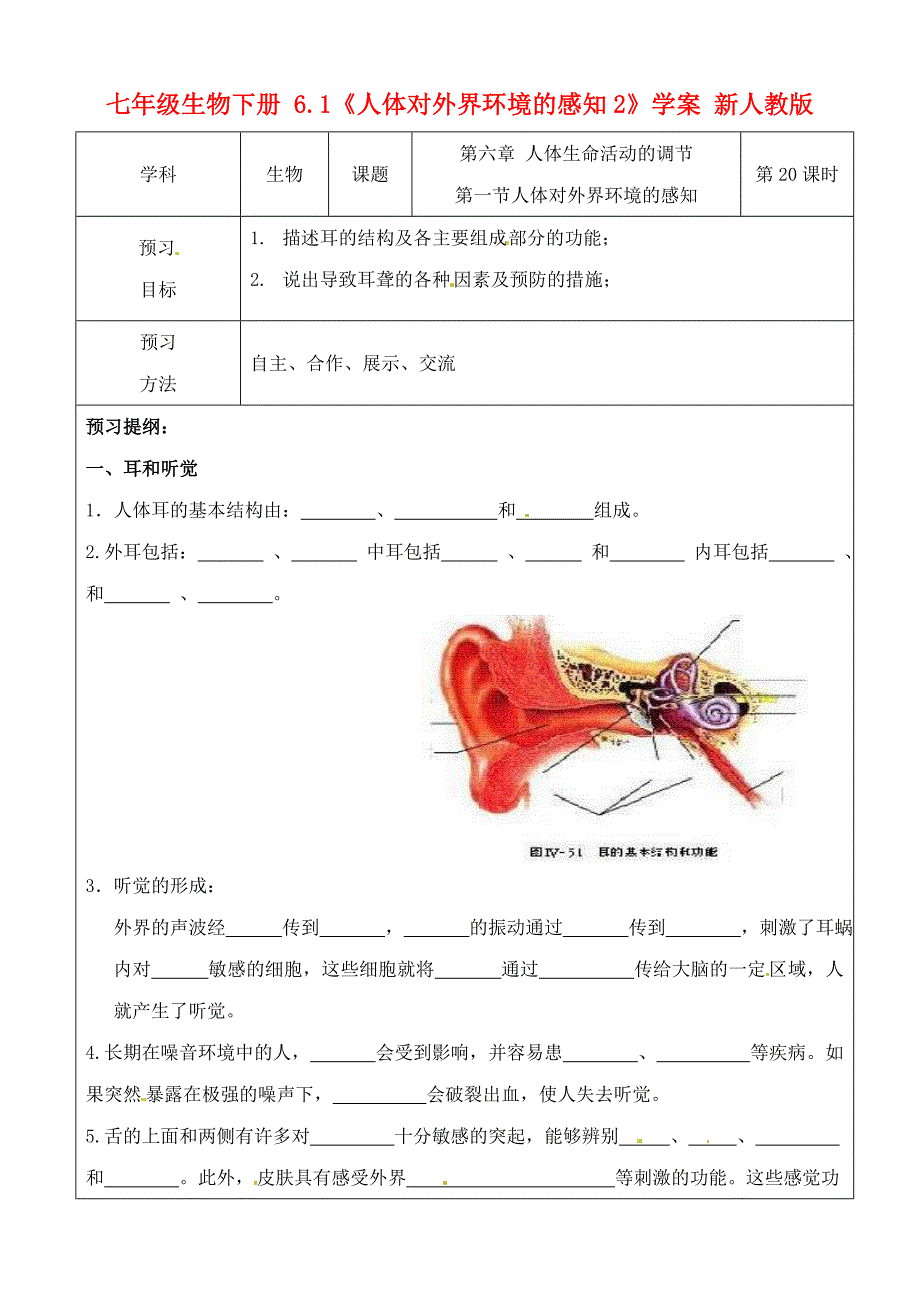 七年级生物下册6.1人体对外界环境的感知2学案无答案新人教版通用_第1页