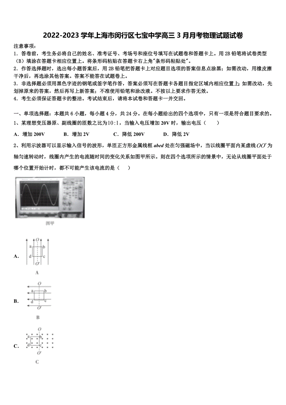 2022-2023学年上海市闵行区七宝中学高三3月月考物理试题试卷_第1页