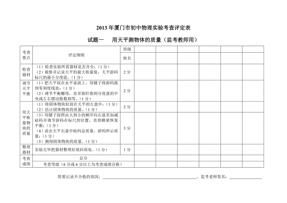 精选厦门市初中物理实验考查评定表_第1页