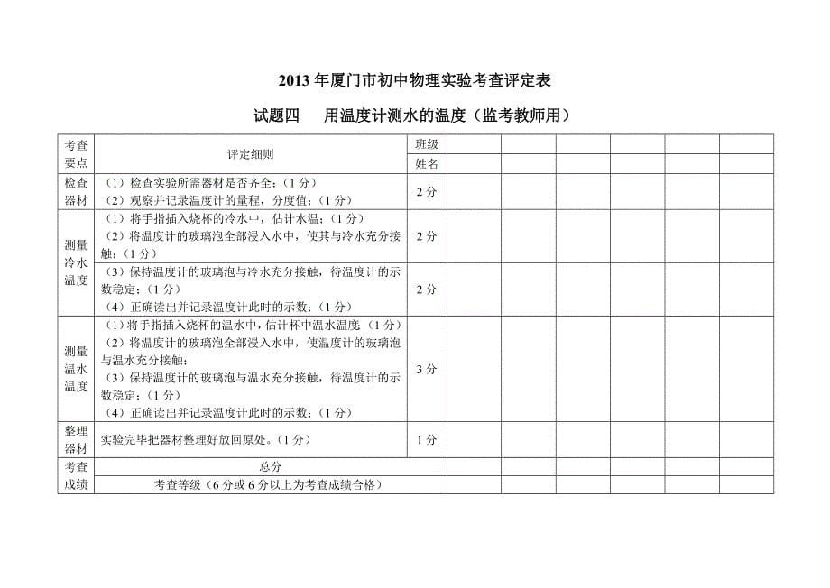 精选厦门市初中物理实验考查评定表_第5页