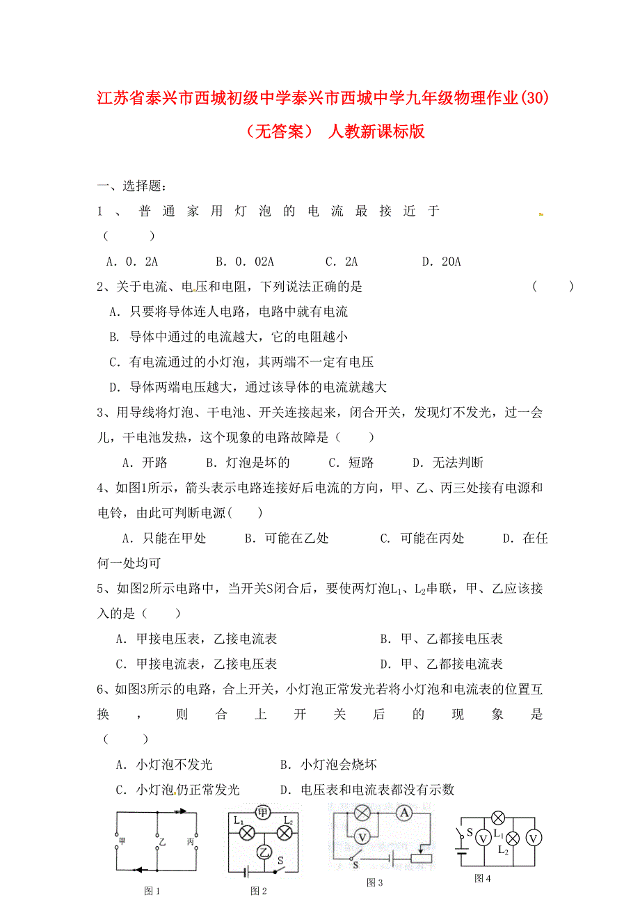 江苏省泰兴市西城初级中学泰兴市西城中学九年级物理作业30无答案人教新课标版通用_第1页