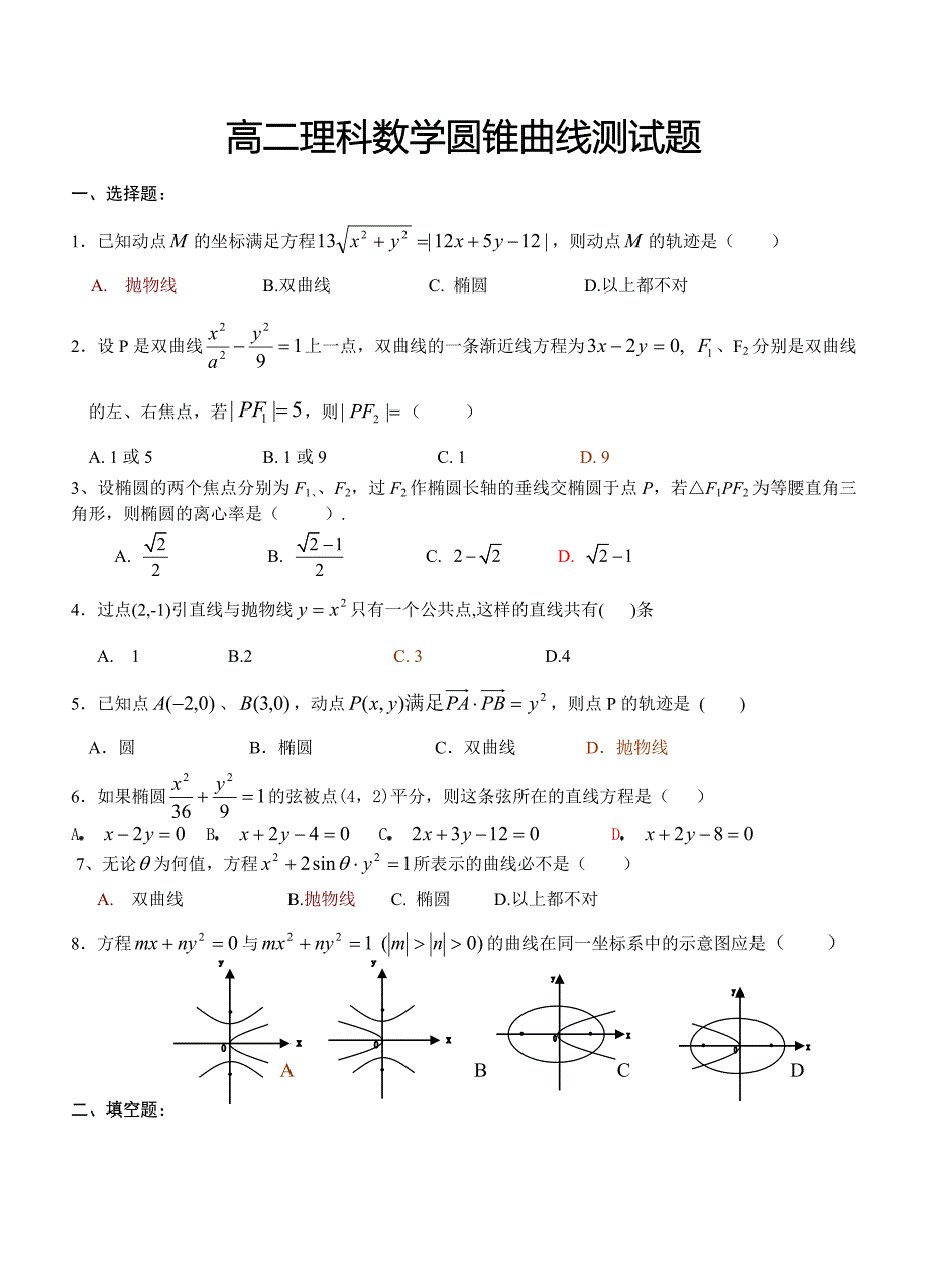 高二理科数学圆锥曲线测试题_第1页