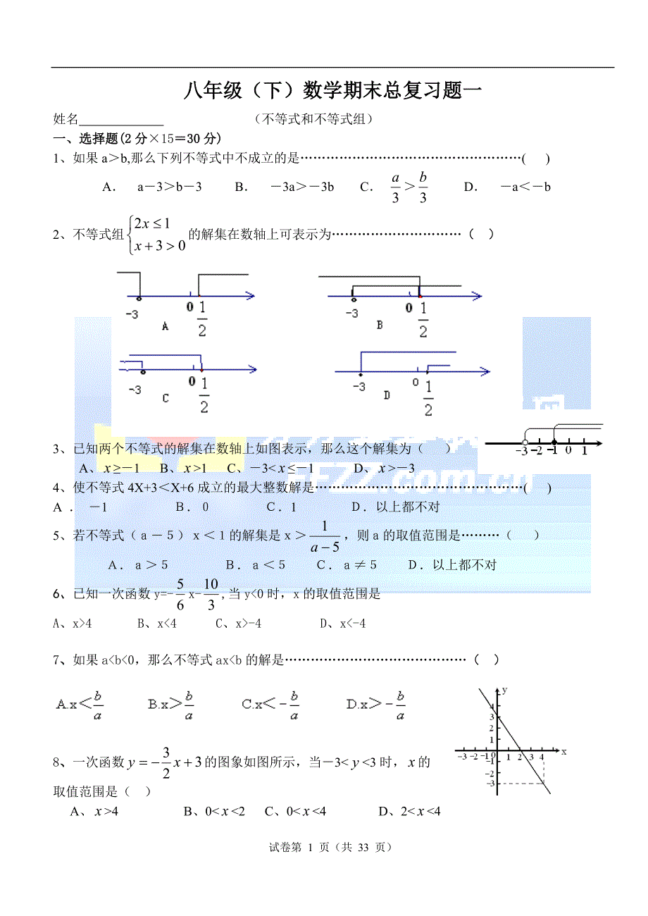 八年级下数学期末总复习题一_第1页