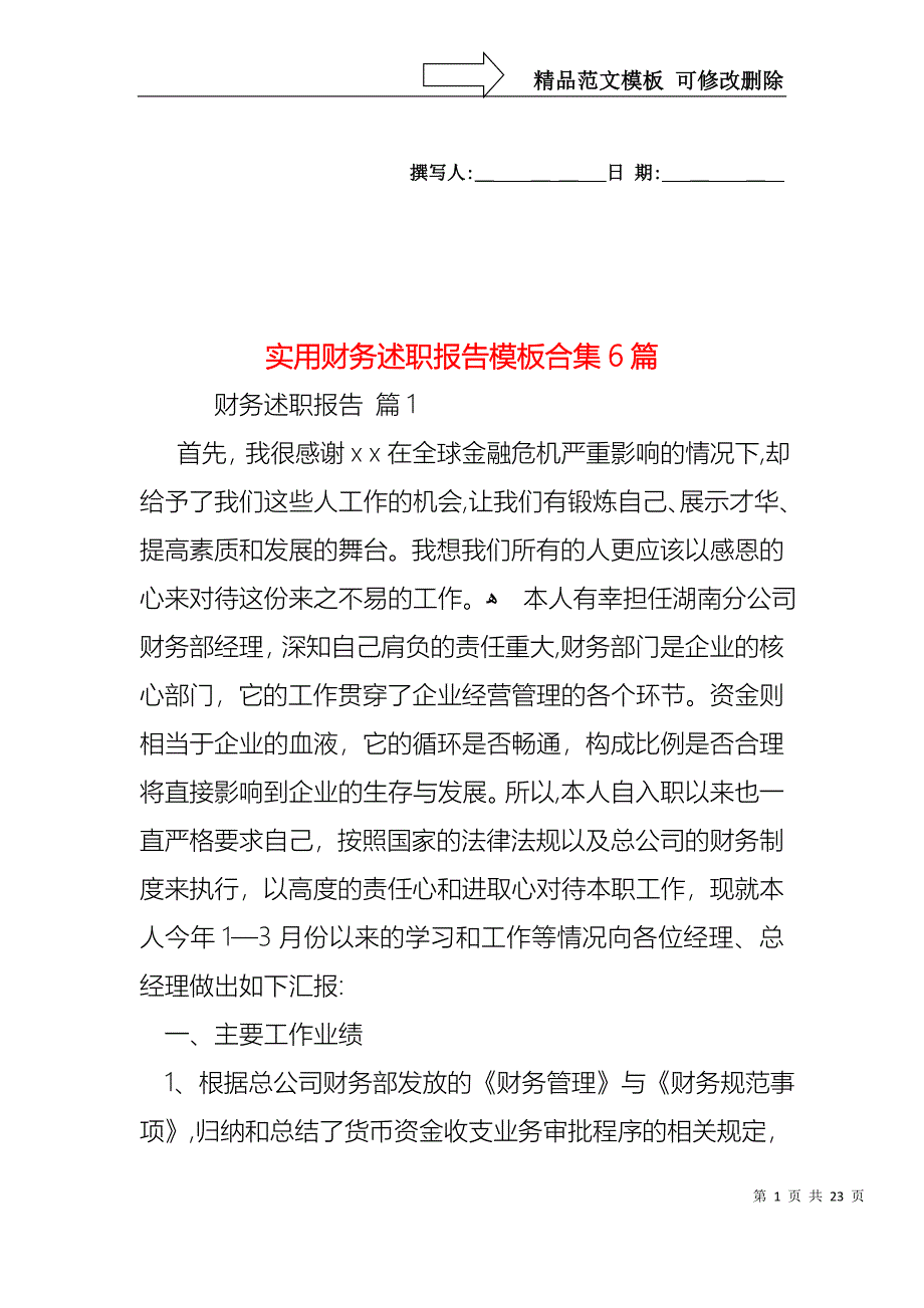 实用财务述职报告模板合集6篇_第1页