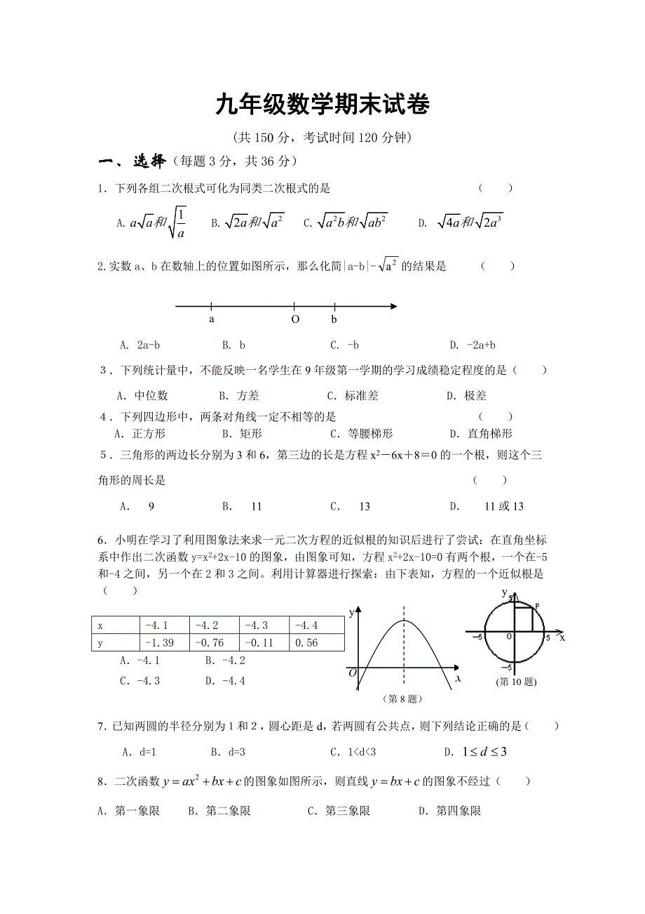 《级数学期末试卷》word版_第1页