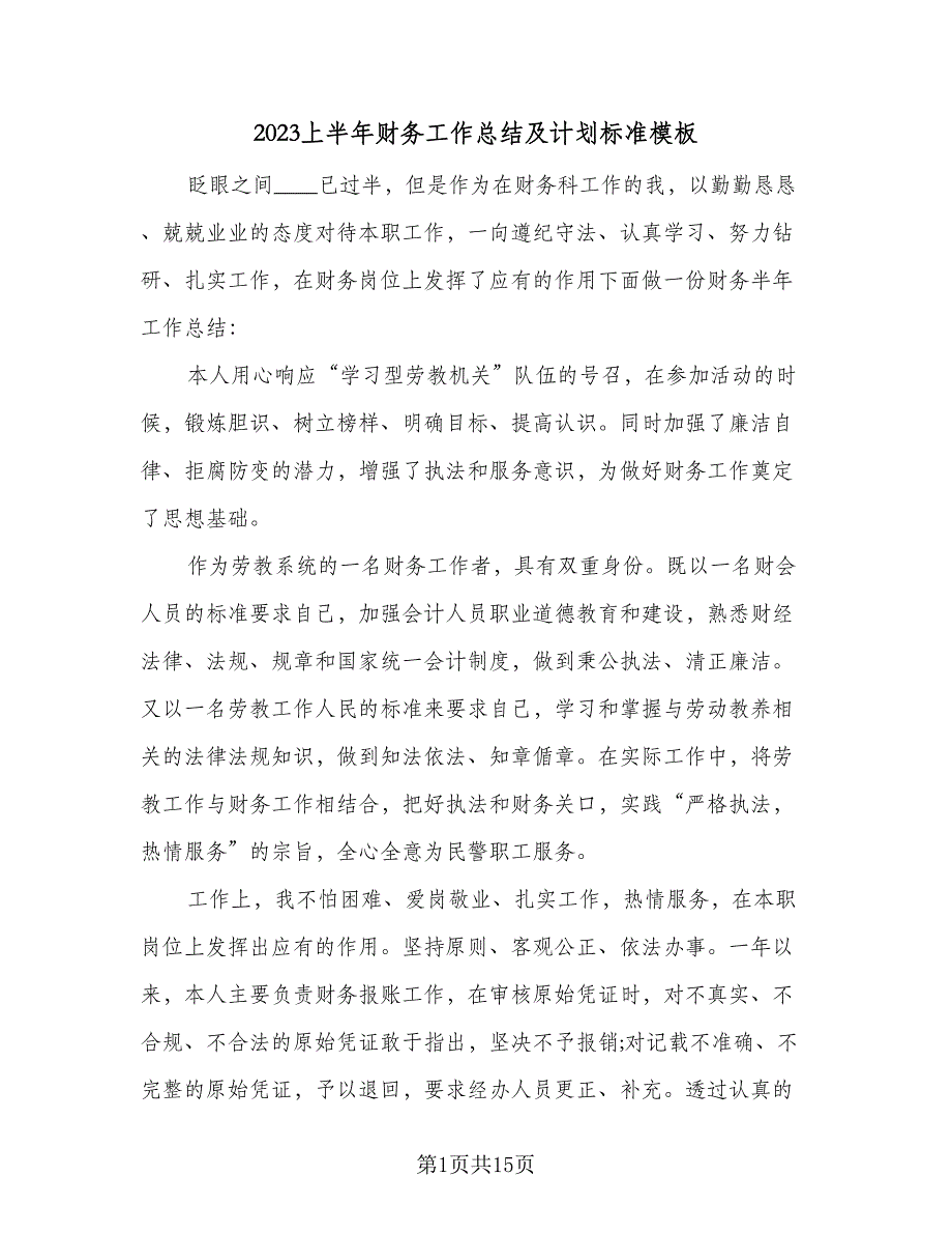 2023上半年财务工作总结及计划标准模板（5篇）_第1页