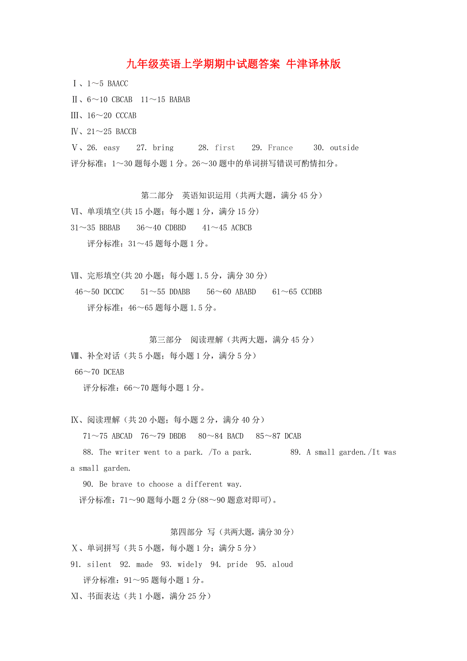 九年级英语上学期期中试题答案 牛津译林版_第1页