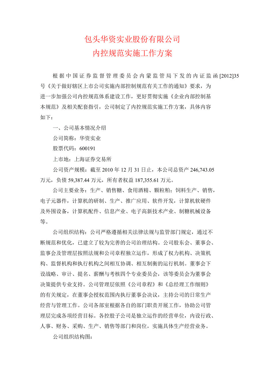 600191华资实业内控规范实施工作方案_第1页