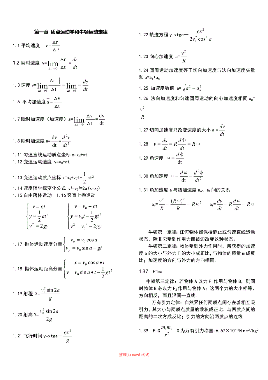 大学物理公式总结Word版_第1页