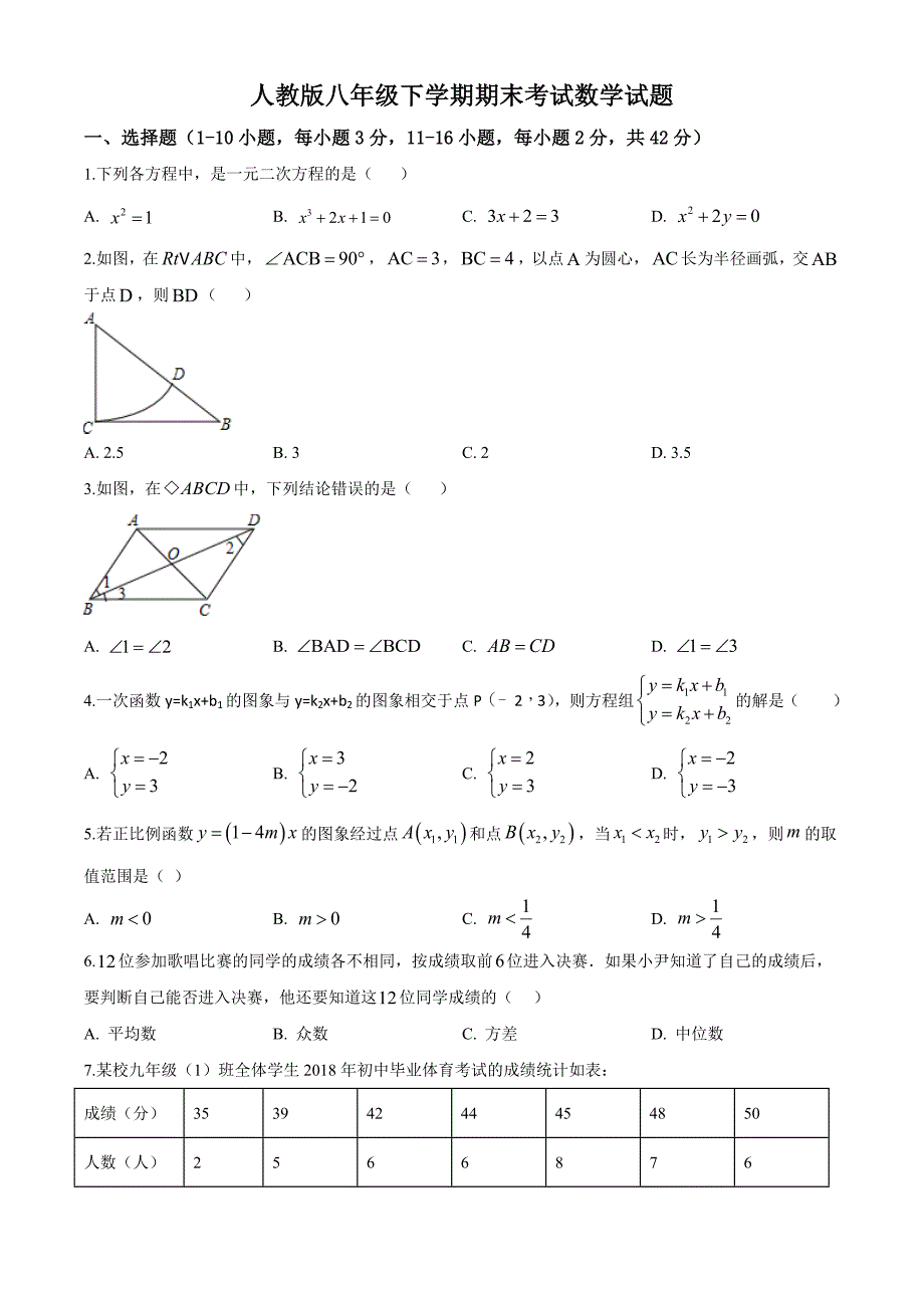 【精品】人教版八年级下册数学期末检测卷及答案解析_第1页