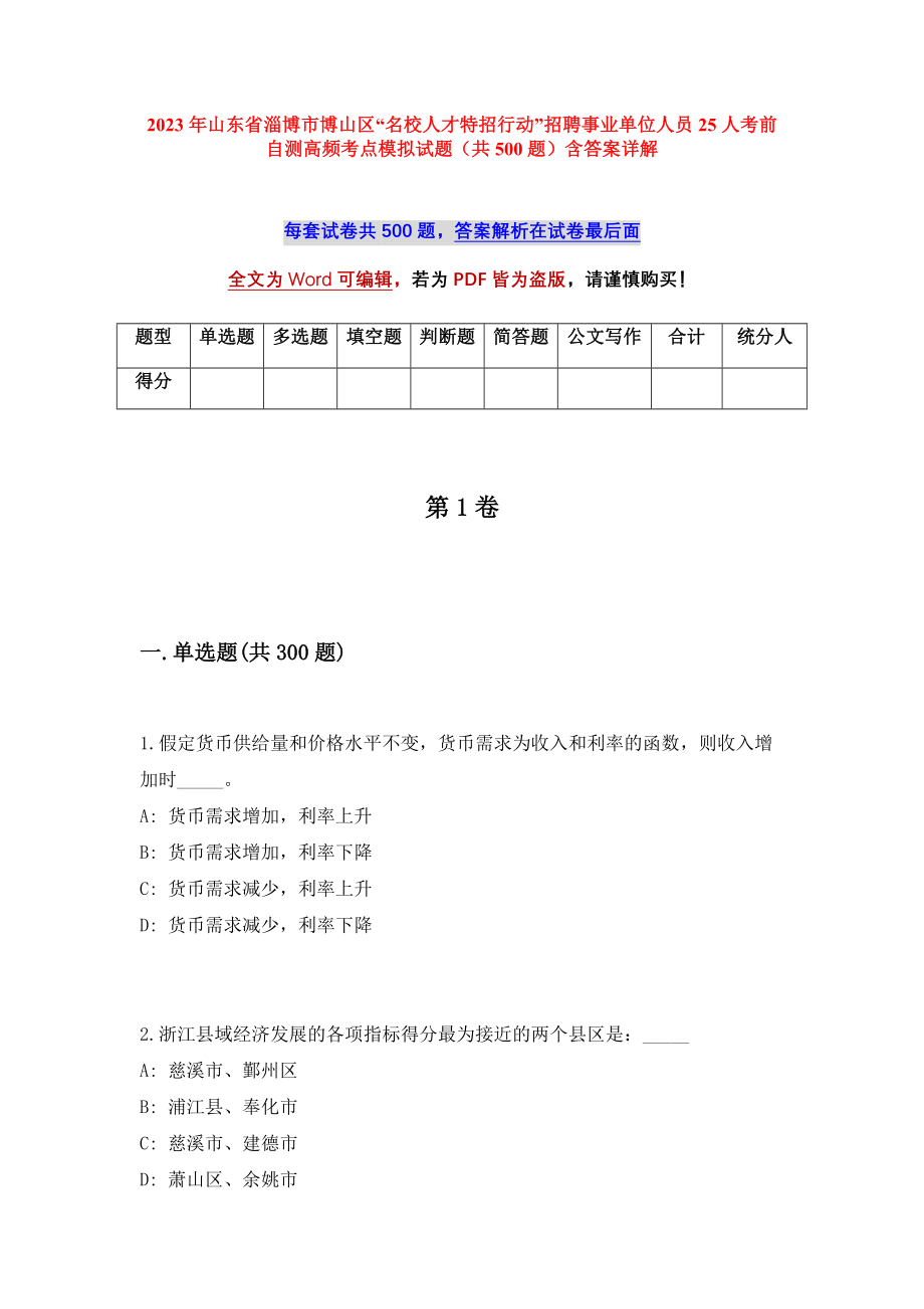 2023年山东省淄博市博山区“名校人才特招行动”招聘事业单位人员25人考前自测高频考点模拟试题（共500题）含答案详解_第1页