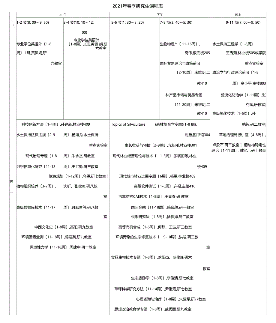 北京林业大学春季研究生课程表_第1页