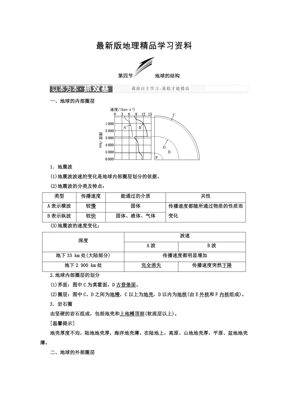 【最新】高中地理湘教版浙江专版必修1讲义：第一章 第四节 地球的结构 Word版含答案_第1页