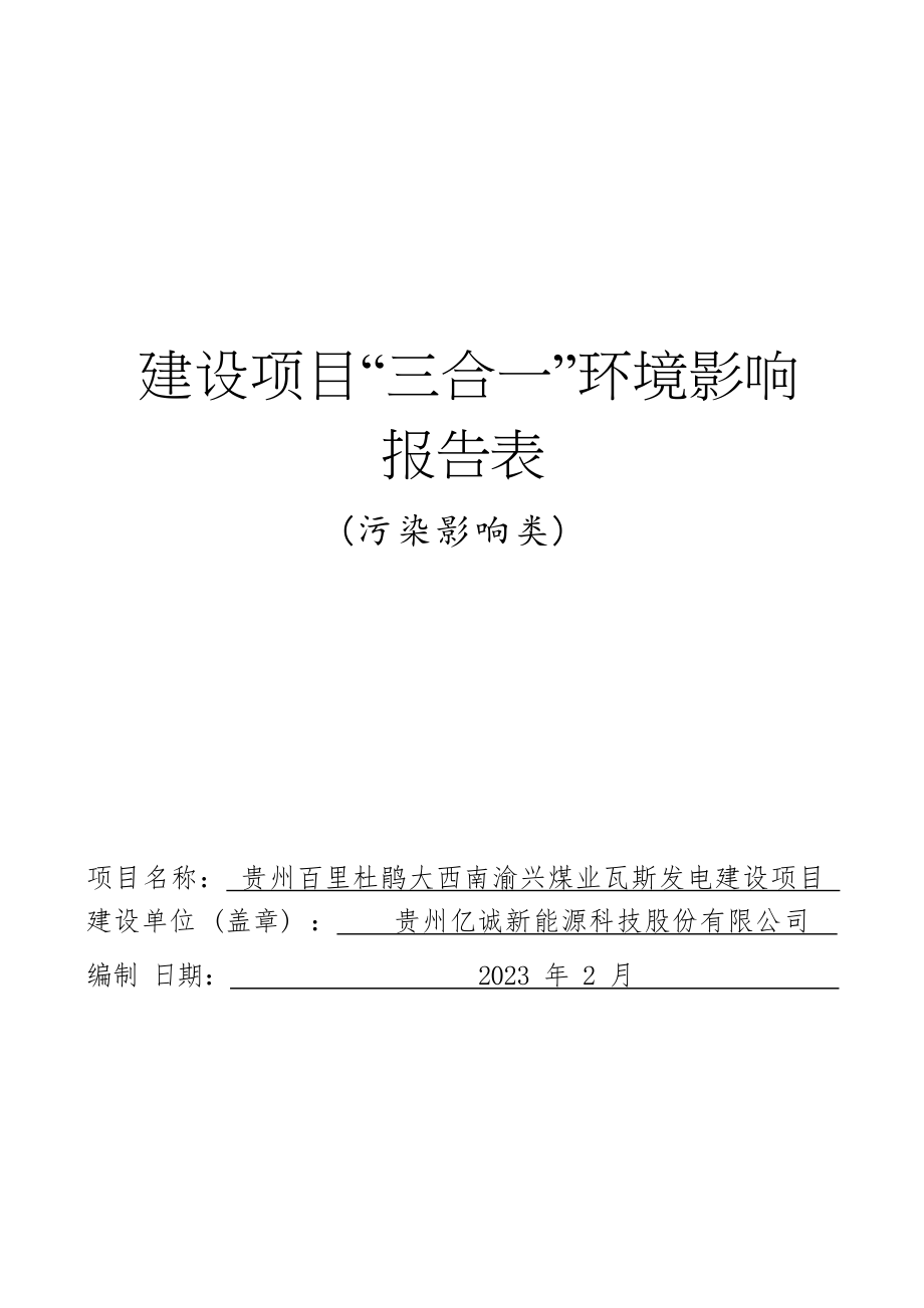 贵州百里杜鹃大西南渝兴煤业瓦斯发电建设项目环评报告.docx_第1页