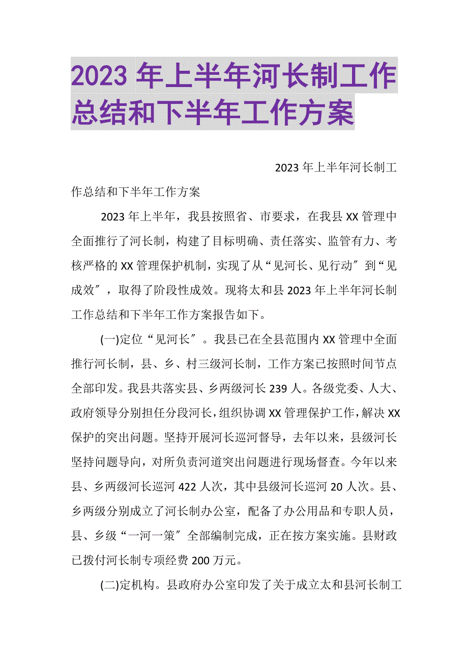 2023年上半年河长制工作总结和下半年工作计划.DOC_第1页