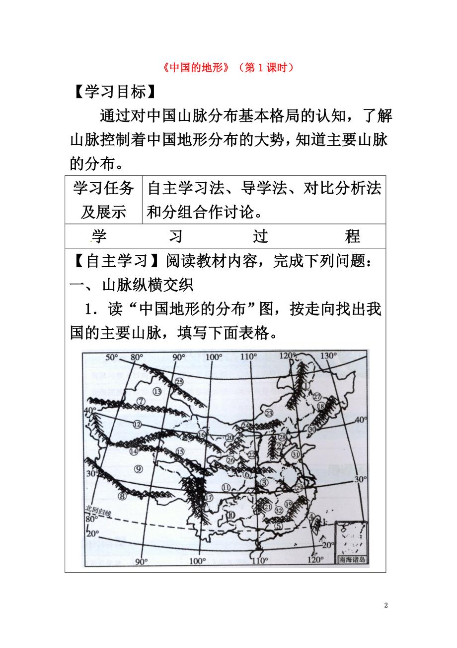 八年级地理上册2.1中国的地形（第1课时）学案（原版）（新版）湘教版_第2页