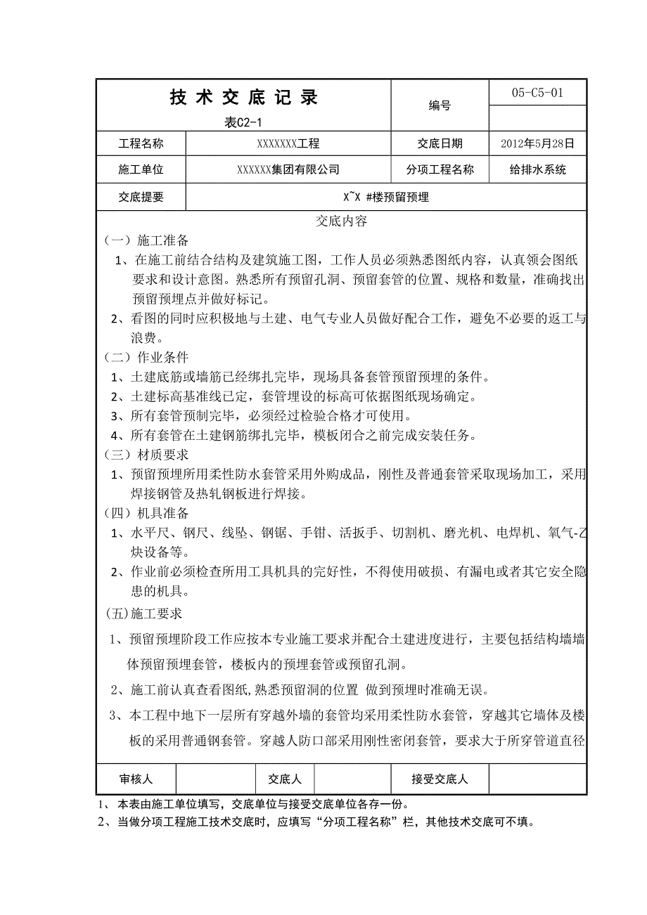 水暖套管预留预埋技术交底 (2).doc_第1页