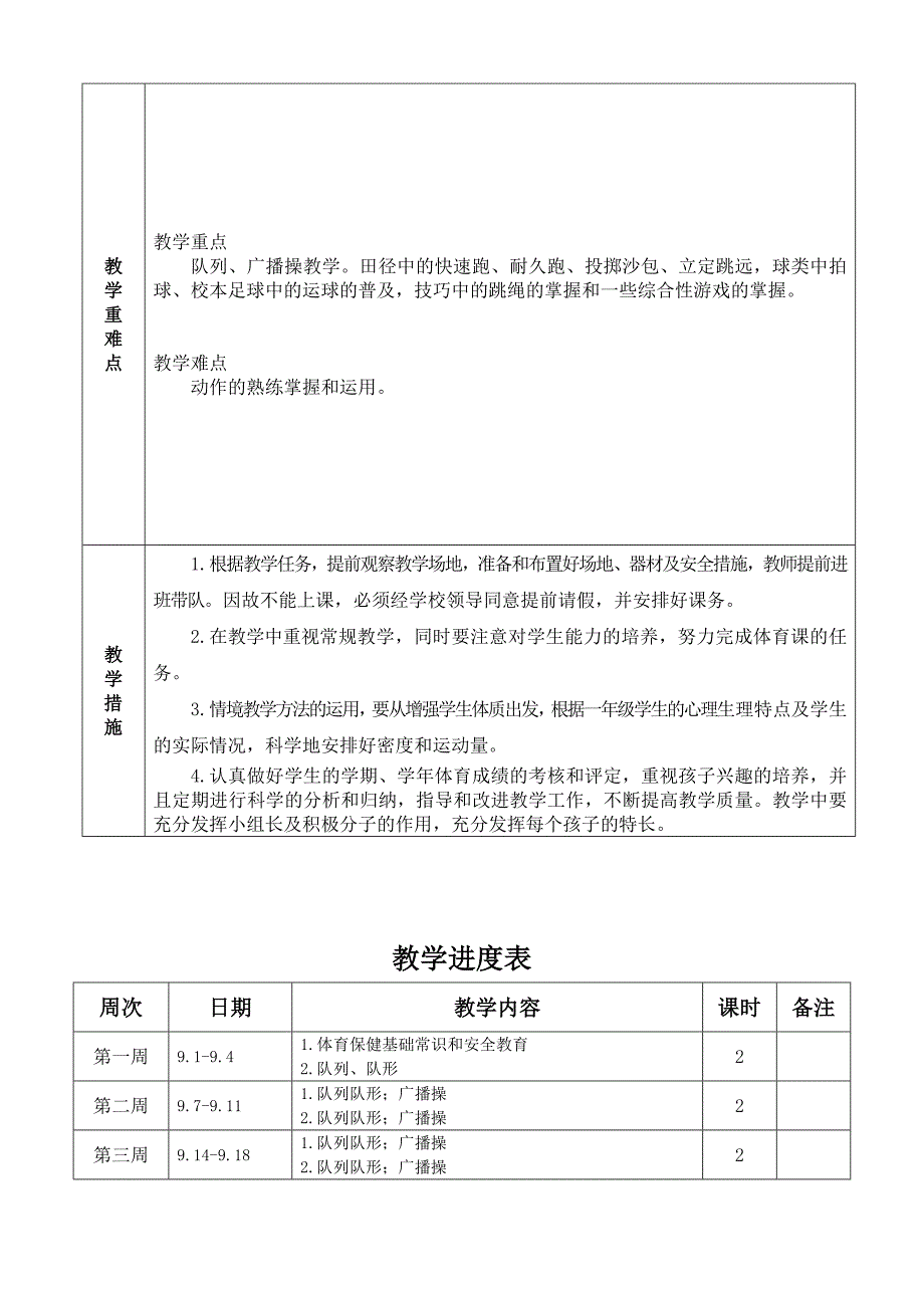 2021~2022学年第一学期《一年级体育上册》教学计划及进度_第2页