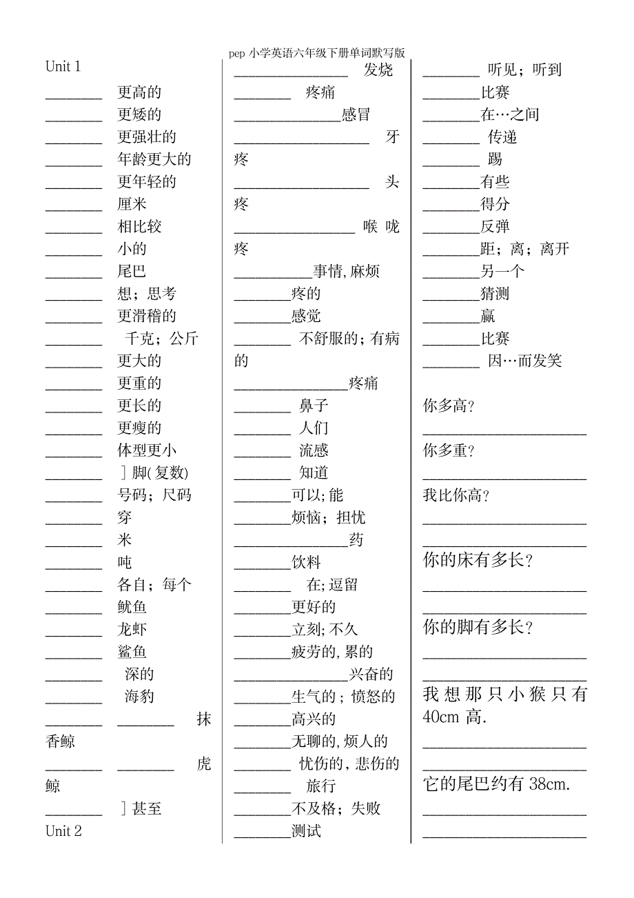 2023年pep小学英语六年级下册单词默写版_第2页