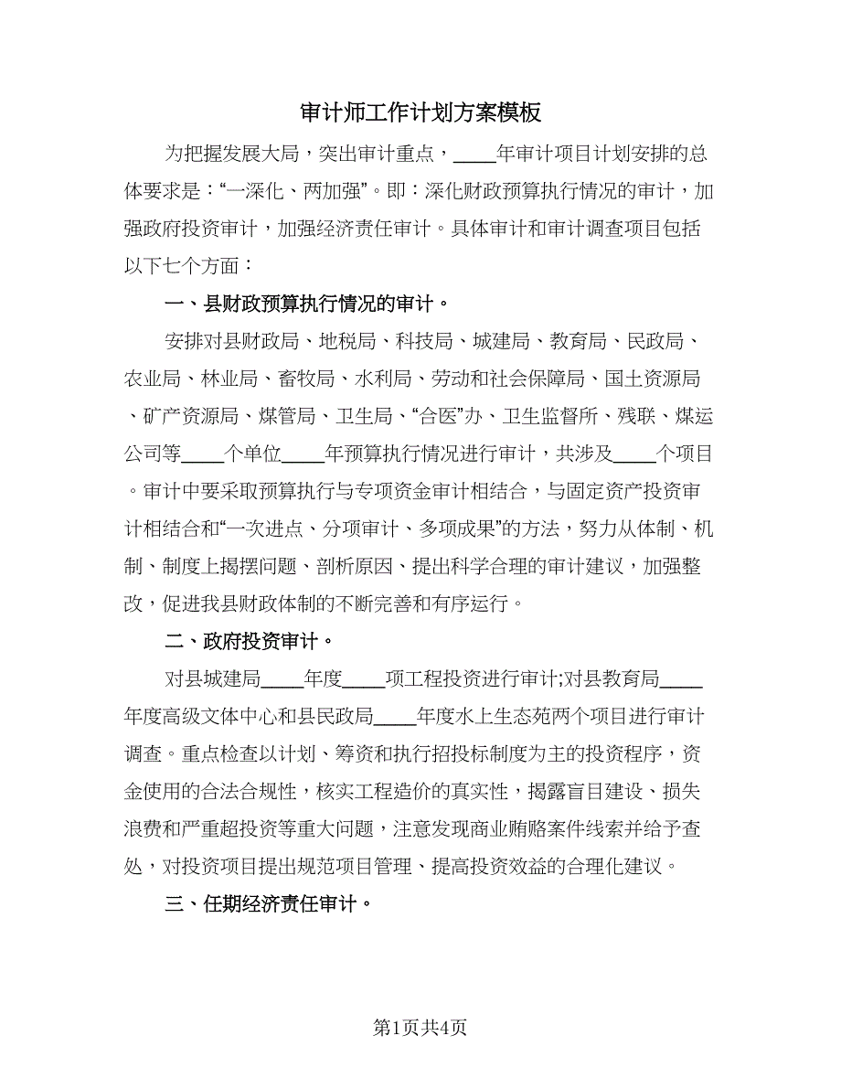 审计师工作计划方案模板（2篇）.doc_第1页