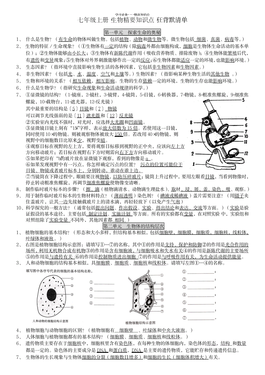 2023年苏教版七年级生物上学期知识点总结归纳全面汇总归纳_第1页