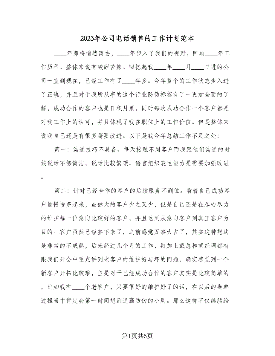 2023年公司电话销售的工作计划范本（二篇）_第1页