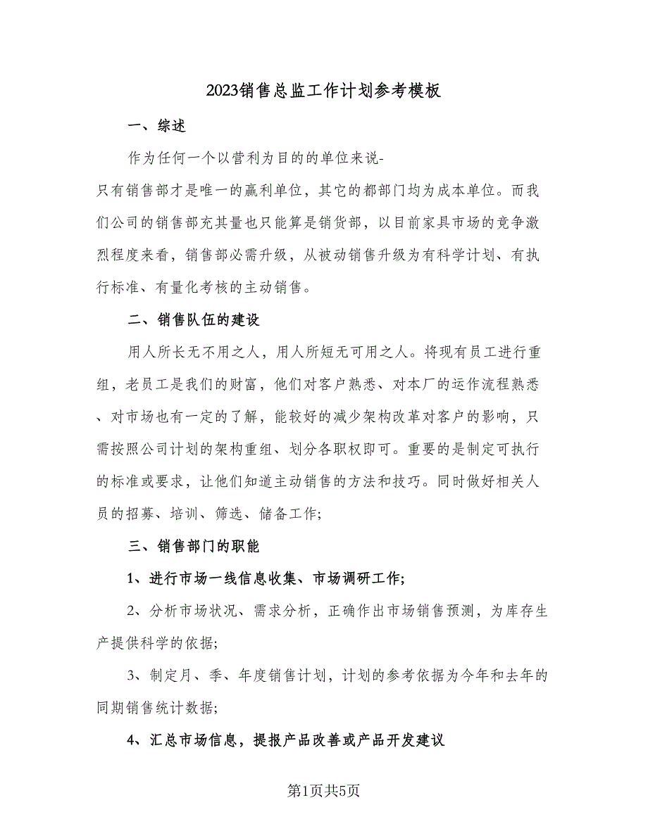 2023销售总监工作计划参考模板（二篇）_第1页