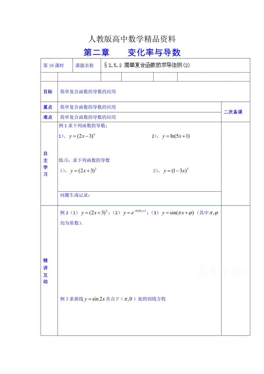 人教版 高中数学 选修222.5.2 简单复合函数的求导法则_第1页