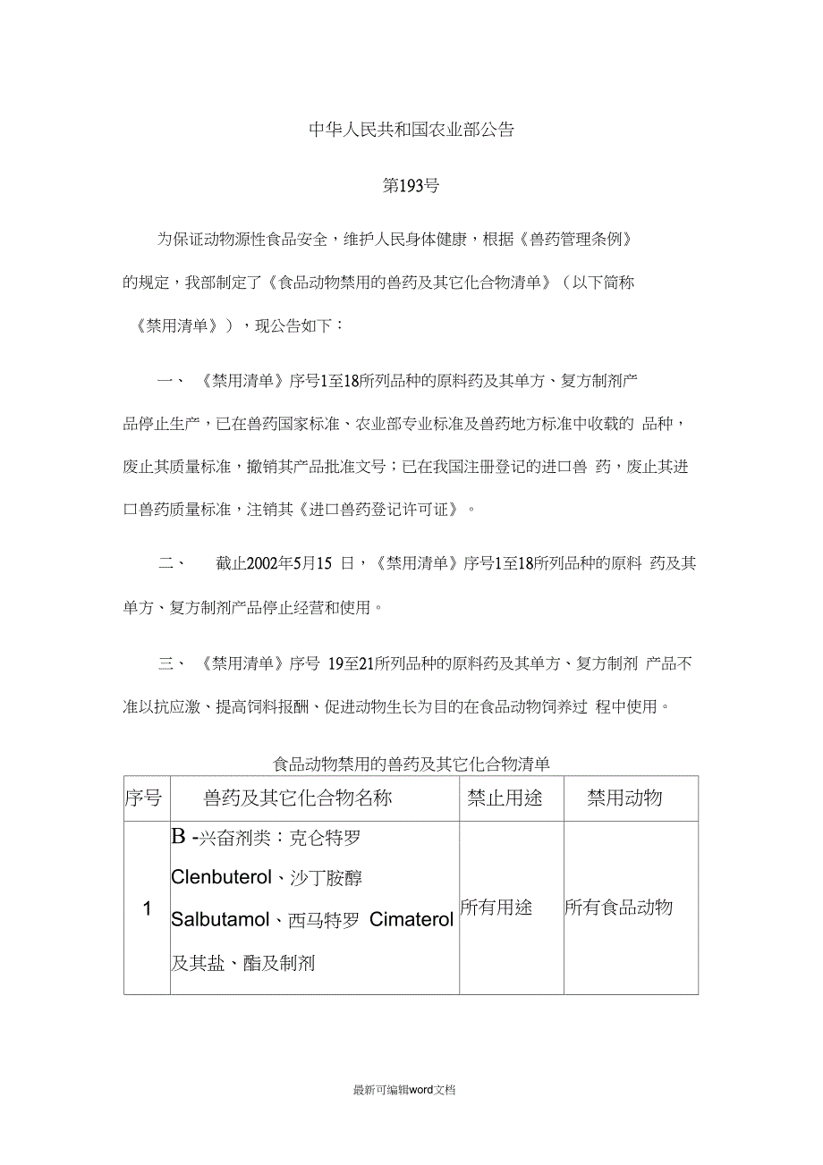 食品动物禁用的兽药及其它化合物清单_第1页