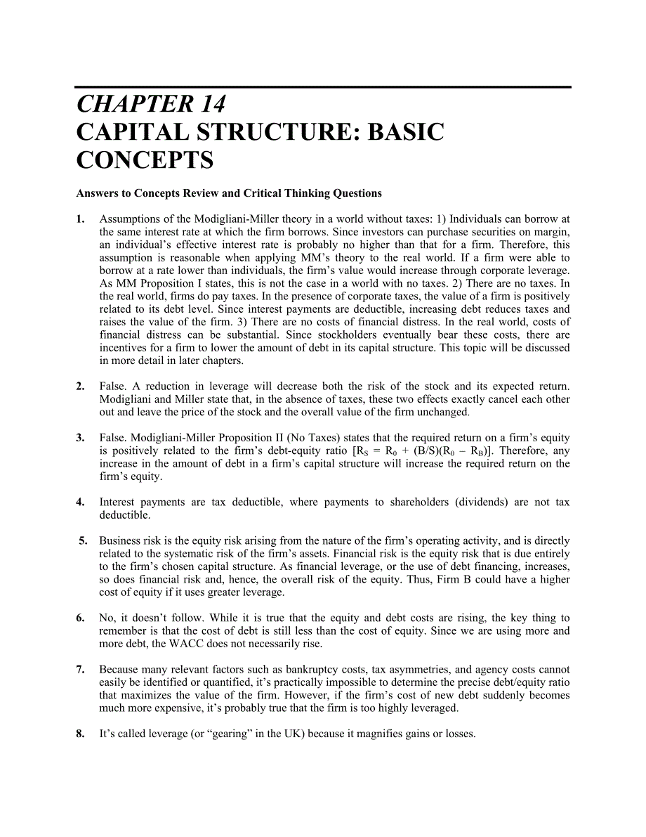 英文版罗斯公司理财习题答案Chap014_第1页